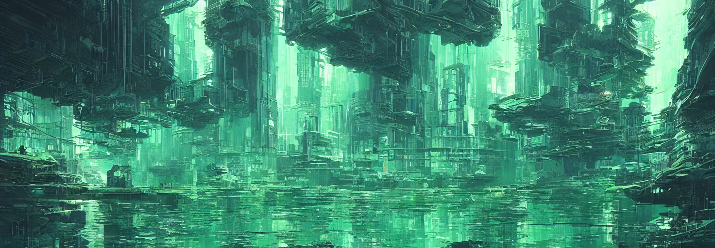 Image similar to reflective waves, cyberpunk texture, green coloring, by studio ghibli and greg rutkowski