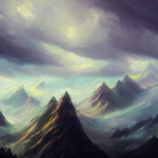 Image similar to a schizophrenic mountain landscape's cloudy sky, by ross tran, oil on canvas