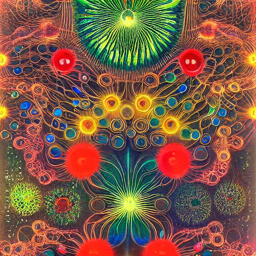 Image similar to quantum connections represented as symbiotic organisms like cells playing around with colorful lights by ernst haeckel