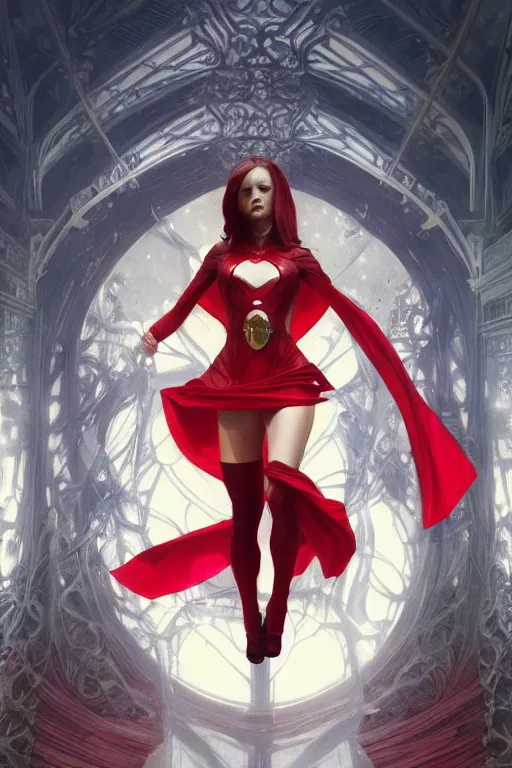 Image similar to marvel superhero, beautiful woman, floating in the air, red tight costume and red long hair, black cloak, power field around her, detailed portrait, dark background texture, alphonse mucha, greg rutkowski, trending on artstation, artgerm, breathtaking, sharp focus, smooth, mark arian, award winning, highly detailed 8 k art