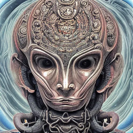 Prompt: naraka buddhist alien demon korean, thailand art, tubular creature, blood vessels, blue eyes, black energy, dystopian surrealism, zdzisław beksinski, symmetry accurate features, very intricate details, high resolution, symmetrical long head, smooth marble surfaces, detailed ink illustration, robot, metal gear, cinematic smooth stone, deep aesthetic, concept art