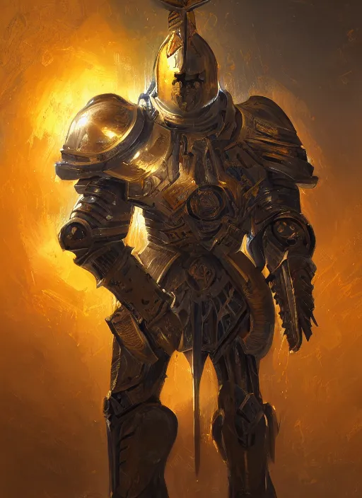 Prompt: dynamic abstract portrait of a intricate glorious holy mechanical warforged character in yellow armor holding a paladin engraved great longsword drawn and carrying a big paladin shield, spotlight from face , epic , trending on ArtStation, masterpiece, cinematic lighting, by Greg Rutkowski and by Ross Tran