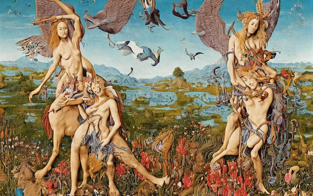 Image similar to a portrait photograph of a meditating harpy and a centaur king riding winged serpents and hugging animals at a river delta. surrounded by bulbous flowers, animals and trees. mountains range under a blue sky of burning stars. painted by jan van eyck, max ernst, ernst haeckel and ernst fuchs, cgsociety, fashion editorial, 8 k