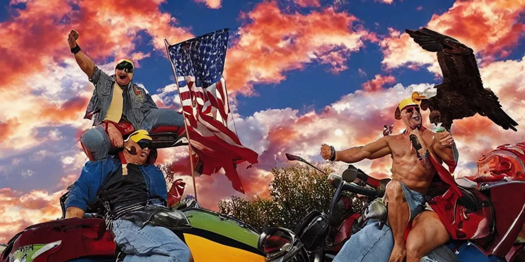 Prompt: hulk hogan riding on the back of a giant bald eagle as red rockets flair into the blue sky while the sun smiles on america's heartland. photograph. epic. inspirational.