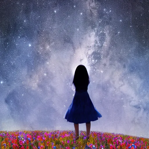 Image similar to breathtaking beautiful illustration of a girl standing in a field of wild flowers gazing up at night sky, stars and milky way and moon, extreme foreshortening, bottom - up perspective, perspective art, extreme angle, style of thomke meyer and julia plath, trending on artstation, ballpoint ultramarine and white