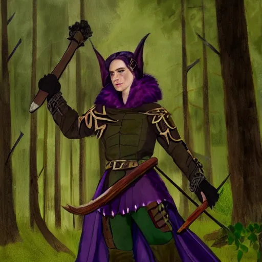 Prompt: anya charlota as a medieval fantasy wood elf, dark purple hair tucked behind ears, wearing a green tunic with a fur lined collar and leather armor, scar across nose, one black, scaled arm, wielding a battleaxe, cinematic, character art, painting, forest background, realistic.