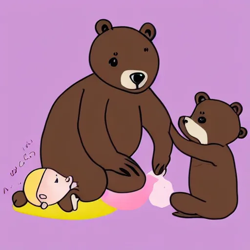 Image similar to drawing of a bear playing with a baby human doll. digital art. high quality. high fidelity