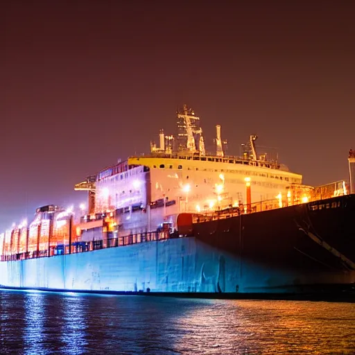 Prompt: icebreaker ship docked in new york harbor at night, bokeh, long exposure