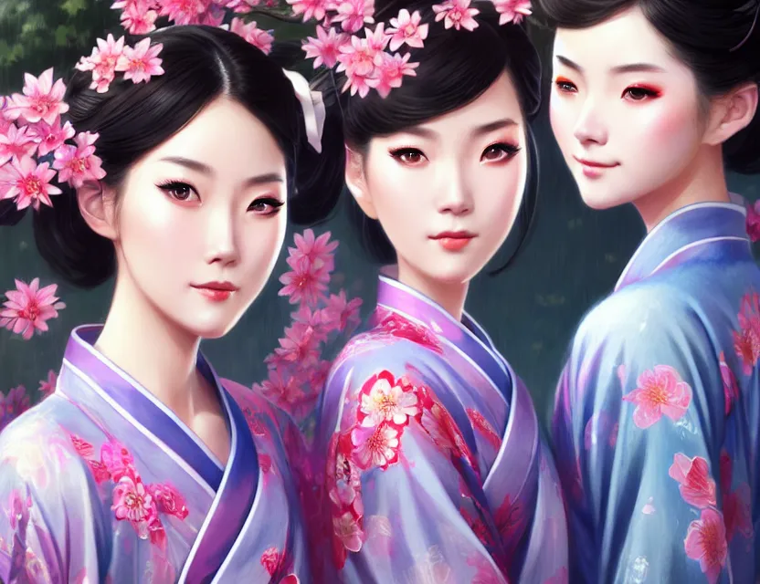 Image similar to two beautiful fashion taiwan girl wear elegant yukata in festival | | big eyes, summer night, realistic shaded, smile, good looking, fine details, 4 k realistic, cryengine, realistic shaded lighting poster by greg rutkowski, magali villeneuve, artgerm, jeremy lipkin and michael garmash and rob rey