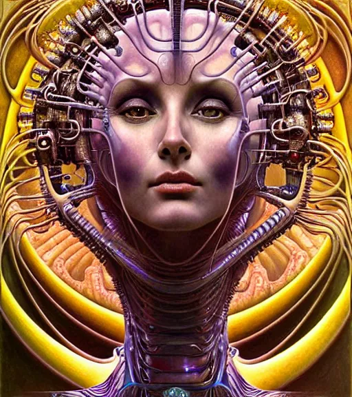 Prompt: detailed realistic beautiful young cher alien robot as queen of fractal biopunk. portrait, art nouveau, symbolist, visionary, baroque, giant fractal details. horizontal symmetry by zdzisław beksinski, iris van herpen, raymond swanland and alphonse mucha. highly detailed, hyper - real, beautiful