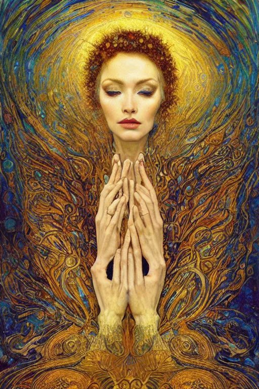 Prompt: Visions of Paradise by Karol Bak, Jean Deville, Gustav Klimt, and Vincent Van Gogh, visionary, ethereal saint portrait, otherworldly, dreamscape, radiant halo, fractal structures, infinite wings, ornate gilded medieval icon, third eye, spirals, heavenly spiraling clouds with godrays, airy colors