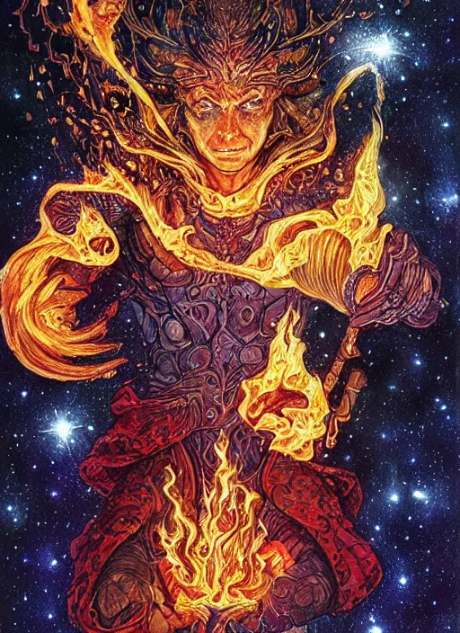 Image similar to high intricate colored ink drawing of the sandman holding a glimmering fire - galaxy, full shot, neil gaiman, maria panfilova, andrea savchenko, mike kime, ludovic plouffe, qi sheng luo, oliver cook, julian calle, eddie mendoza, trending on artstation