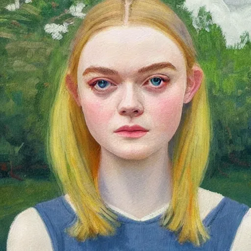 Prompt: professional painting of Elle Fanning in the style of Daniel Garber, head and shoulders portrait, symmetrical facial features, smooth, sharp focus, illustration, intricate, stormy weather, extremely detailed masterpiece,