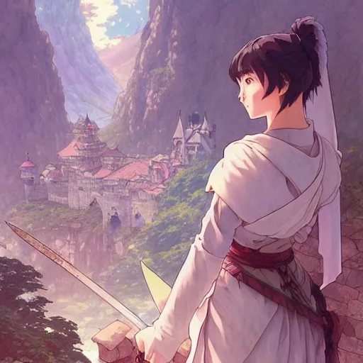 Image similar to the knight and the sword of rose petal, anime, castle core, mountains, rocky roads. by hayao miyazaki and rossdraws and artgerm and greg rutkowski and alphonse mucha and studio ghibli and ilya kuvshinov. high quality, stunning, intricate detailed environment. 8 k