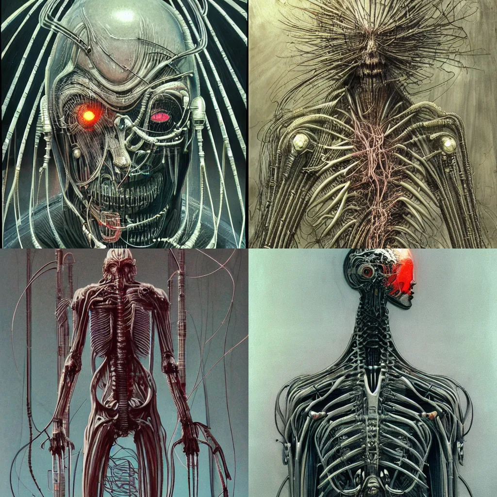 Prompt: humanoid cyborg with outstretched head, razor sharp teeth and mechanical claws, translucent skin, barcodes, wires and tubes, mix styles of tsutomu nihei, video game art, battle scene, zdzisław beksinski and giger, in full growth, no blur