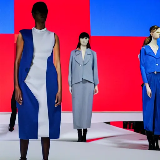 Image similar to dystopian business fashion incorporating red white and blue, brutalist fashion show