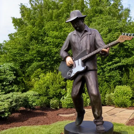 Prompt: full body wide shot of bronze statue of roy buchanan playing his telecaster, fairfax, virginia
