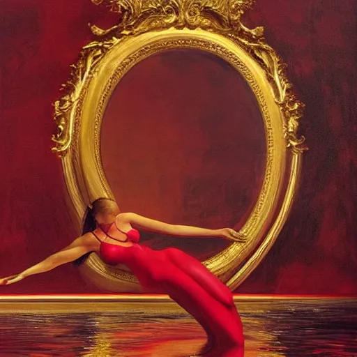 Image similar to Emily Ratajkowski full body laying in a blood red pool of water between a golden mirror frame, outside is space and inside the mirror frame is a beautiful landscape., physically accurate, dynamic lighting, intricate, elegant, highly detailed, very very Roberto Ferri, sharp focus, illustration, art