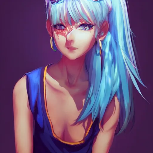 Prompt: portrait of cute anime girl with blue hair, wearing a large red ribbon, big blue eyes, wearing a yellow tank top, symmetry, highly detailed, trending on art station, art by artgerm, ross tran, charlie bowatar, wlop.
