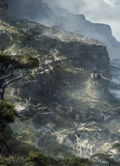 Image similar to chtulu attacking cape town city, table mountain, dense foliage beautiful details, strong composition by kim jung giu weta studio rutkowski, james gurney and greg rutkowski, and lucasfilm