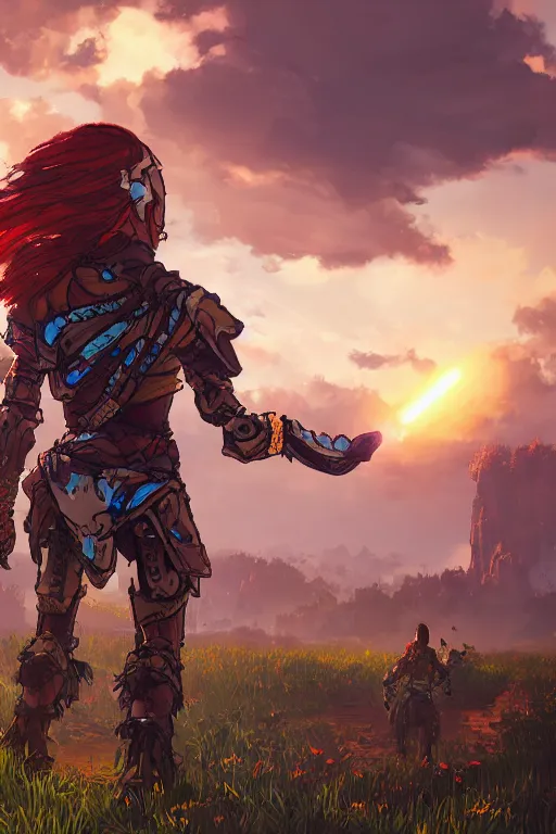 Image similar to combination suit armor aloy horizon forbidden west horizon zero dawn radiating a glowing aura global illumination ray tracing hdr fanart arstation by ian pesty and alena aenami artworks in 4 k tribal robot ninja mask helmet backpack