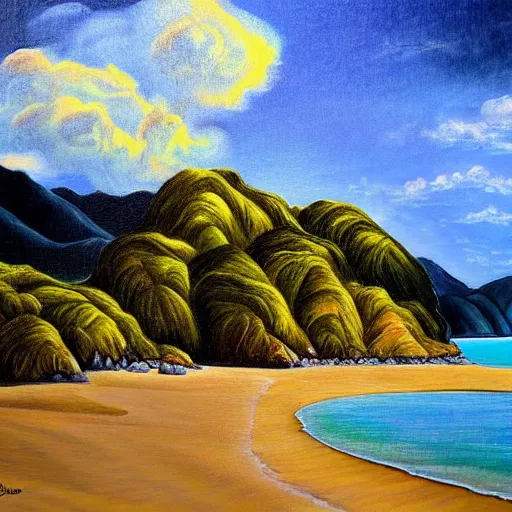 Prompt: golden bay abel tasman new zealand, rococo art style, highly detailed, highly detailed ethereal surrealist art