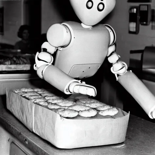 Prompt: Humanoid robot taking a loaf of bread out of the oven, 1959, black and white photo, world's fair