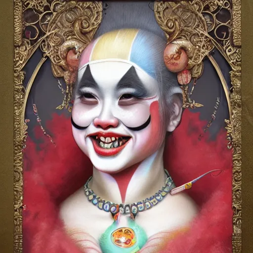 Image similar to ultra realist soft painting of a single attractive asian female clown with makeup big smile croocked teeth in a long dress, curiosities carnival, symmetry accurate features, very intricate details, focus, curvy, artstyle by Tom Bagshaw, award winning