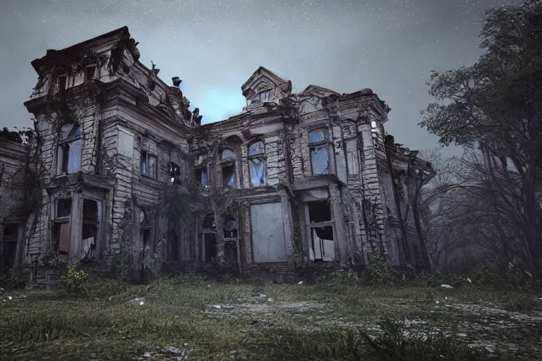 Prompt: ruined, abandoned polish mansion, seen from inside, low camera angle. Moonlight falls through the broken windows. Dirt, leaves on ground. Unreal Engine. Substance painter. Zbrush. Trending on artstation. 8K. Highly detailed.