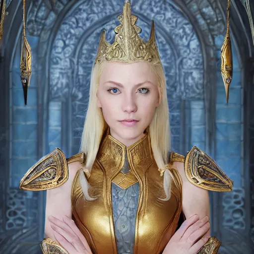 Image similar to the elder scrolls vi, regal blonde high elf royalty, portrait, exquisitely detailed throne room, atmospheric lighting, painted, intricate, volumetric lighting, beautiful, daytime,, slight overcast weather, 4 5 0 0 k, sharp focus, deep colours, ultra detailed, by leesha hannigan, ross tran, thierry doizon, kai carpenter, ignacio fernandez rios