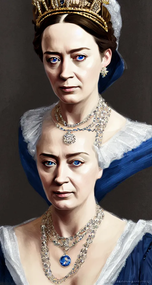 Prompt: portrait of emily blunt as queen victoria, jewelry, greek, sapphire, victorian age, 1 8 9 0, intricate, headshot, key visual, conceptart, ambient lighting, highly detailed, digital painting, artstation, concept art, sharp focus, by makoto shinkai and akihiko yoshida and greg manchess