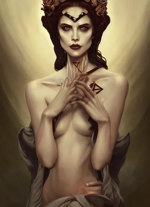 Image similar to tarot!!, high priestess, no noise, elegant, concept art, sharp focus, beautiful face!!, digital art, smooth defined outlines!!, human anatomy, human structure, vector background, dark fantasy, by Brom, trending on Artstation, Tom Bagshaw, Sargent