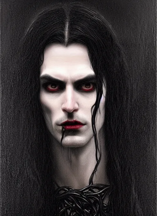 Image similar to highly detailed oil painting | very intricate | cinematic lighting | black, white and blood color scheme, dark background | portrait of a exquisite beautiful vampire man with long elegant tangles of black hair, eyes, gothic fog ambience, hyper realistic head, fantasy victorian art, in the style of greg rutkowski, zdizslaw beksinski, intricate, alphonse mucha