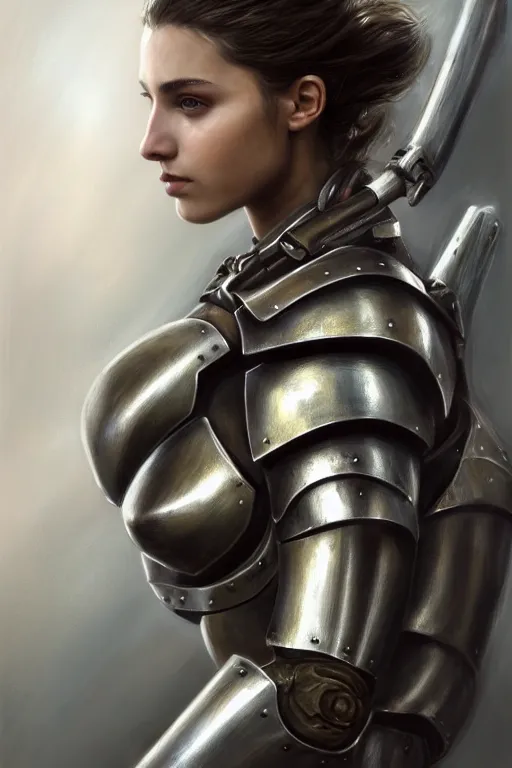 Image similar to a photorealistic painted portrait of an attractive young girl, partially clothed in dull metal-plated battle armor, olive skin, long dark hair, flawless skin, beautiful bone structure, symmetric facial features, perfect photorealistic eyes, natural physique, intricate, elegant, digital painting, concept art, finely detailed, beautifully illustrated, sharp focus, minimal artifacts, from Metal Gear, by Ruan Jia and Mandy Jurgens and Artgerm and William-Adolphe Bouguerea, in the style of Greg Rutkowski, trending on Artstation, award winning art