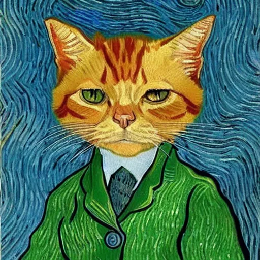 Image similar to Van Gogh portrait of a ginger tabby cat wearing a beautiful outfit