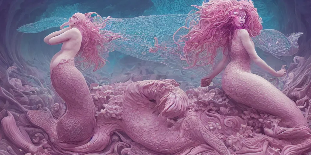 Prompt: hyperrealistic solarpunk photography of a highly detailed and symmetrical gorgeous mermaid awash in a sea of pink milk in the style of beth cavener, jin kagetsu, james jean and wlop, highly detailed, face symmetry, masterpiece, award - winning, sharp focus, intricate concept art, ambient lighting, 8 k, artstation