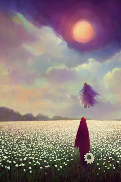 Image similar to giant white daisy flower head, girl with veil walking in a flower field, surreal photography, sunrise, dramatic light, impressionist painting, colorful clouds, digital painting, artstation, simon stalenhag