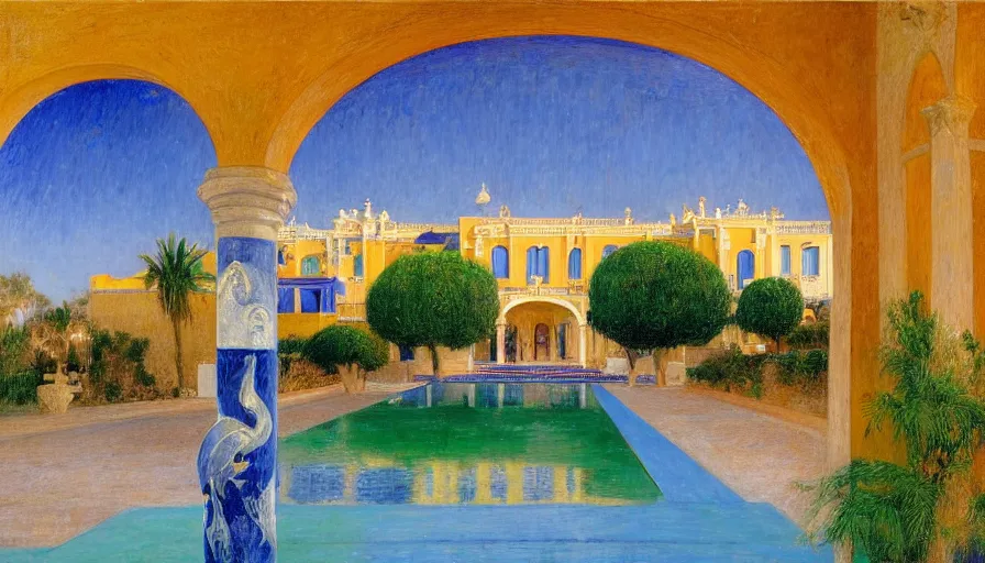 Prompt: a 1 9 9 8 southern spain palace!!! costa blanca, designed by jules bastien - lepage, bispo do rosario, arnold bocklin, tarsila do amaral and gustave baumann, cheval michael, warm, mediterranean, star, sharp focus, colorful refracted sparkles and lines, soft light, 8 k 4 k