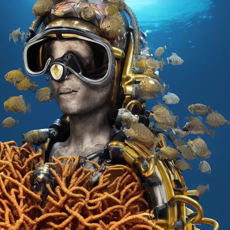 Image similar to octane render portrait by wayne barlow and carlo crivelli and glenn fabry, subject is a futuristic scuba diver with a shiny reflective golden metal helmet with colorful reflective goggles and covered in black ribbed rubber hoses, inside a coral reef aquarium full of exotic fish, cinema 4 d, ray traced lighting, very short depth of field, bokeh