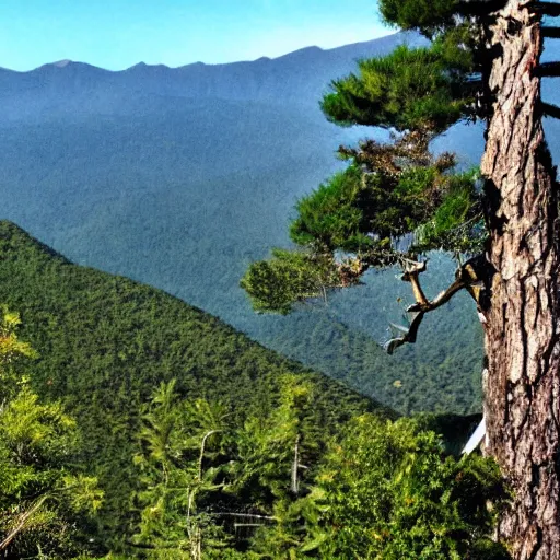 Prompt: A huge mountain with a giant tree on the top, view from far away,