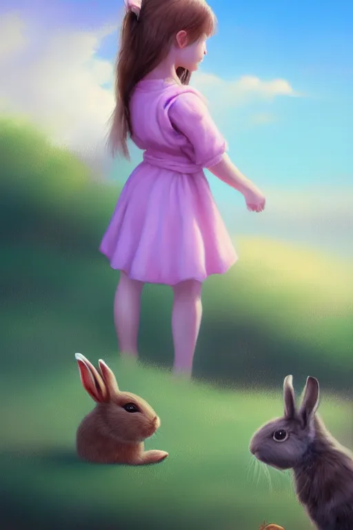 Image similar to matte sharp painting cute little girl and rabbit landscape painted by mark rydel artstation behance storybook style pastel colors