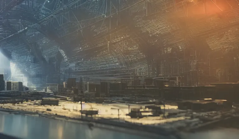 Image similar to sparse group people in simple warehouse, looking at hologram of futuristic city on a table, cinematic concept art, godrays, golden hour, natural sunlight, 4 k, clear details, tabletop model buildings, center model buildings, hologram center, crane shot, crane shot, crane shot