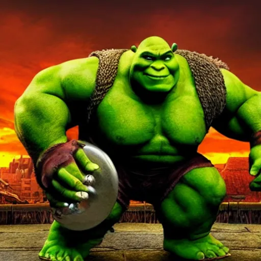 Prompt: shrek ( ogre form ) wrestling with the incredible hulk, marvel style, high budget blockbuster, cinematic, photorealistic, extremely detailed