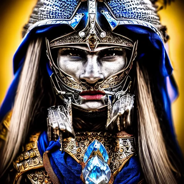 Image similar to photo of a beautiful warrior with sapphire encrusted armour highly detailed 8 k hdr smooth sharp focus high resolution award - winning photo dslr 5 0 mm