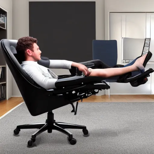 Image similar to person lounging in a computer chair, legs sprawled out left leg on the floor, right leg dangling over the right arm of the chair