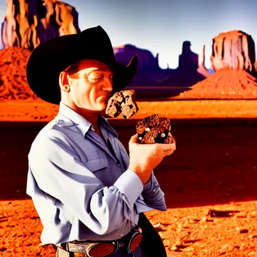 Prompt: a cinematic 5 0 s portrait photography of john wayne eating chocolate chunk space cookies, cowboy, monument valley landscape, farwest,