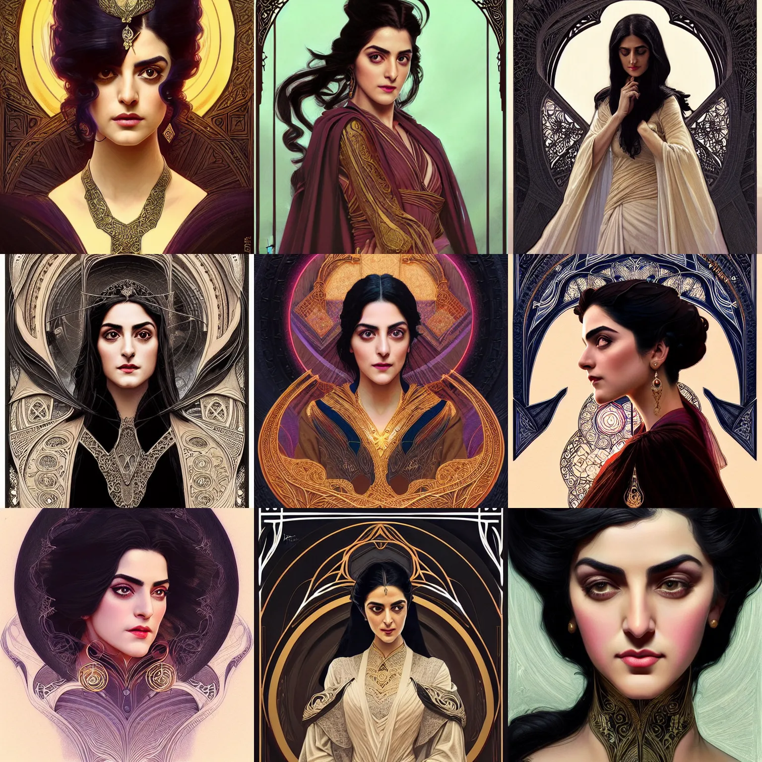 Prompt: front facing centered portrait, Maya Ali as a sorcerer, black hair, Art Nouveau, beautiful retro Fantasy heroine 1985, intricate, elegant, highly detailed, centered, digital painting, trending on artstation, concept art, smooth, sharp focus, illustration, art by raphael lacoste, eddie mendoza, Mucha, alex ross, WLOP