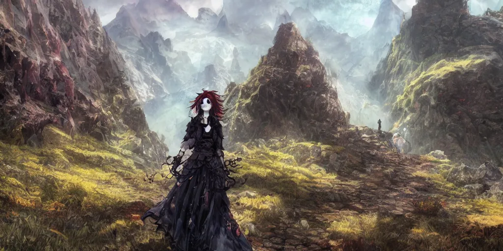 Image similar to goth woman in front of mountain landscape, color page, tankoban, 4 k, tone mapping, akihiko yoshida, james jean andrei riabovitchev marc simonetti, yoshitaka amano, long hair, curly, h. hydrochaeri