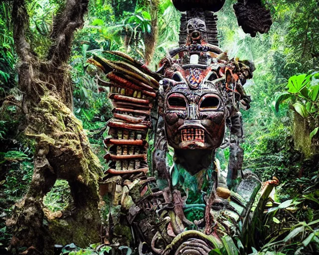 Image similar to mayan jaguar warrior exploring an alien garden las pozas, 1 9 7 0's sci - fi, lofi technology, deep aesthetic colors, 8 k, highly ornate intricate details, extreme detail,