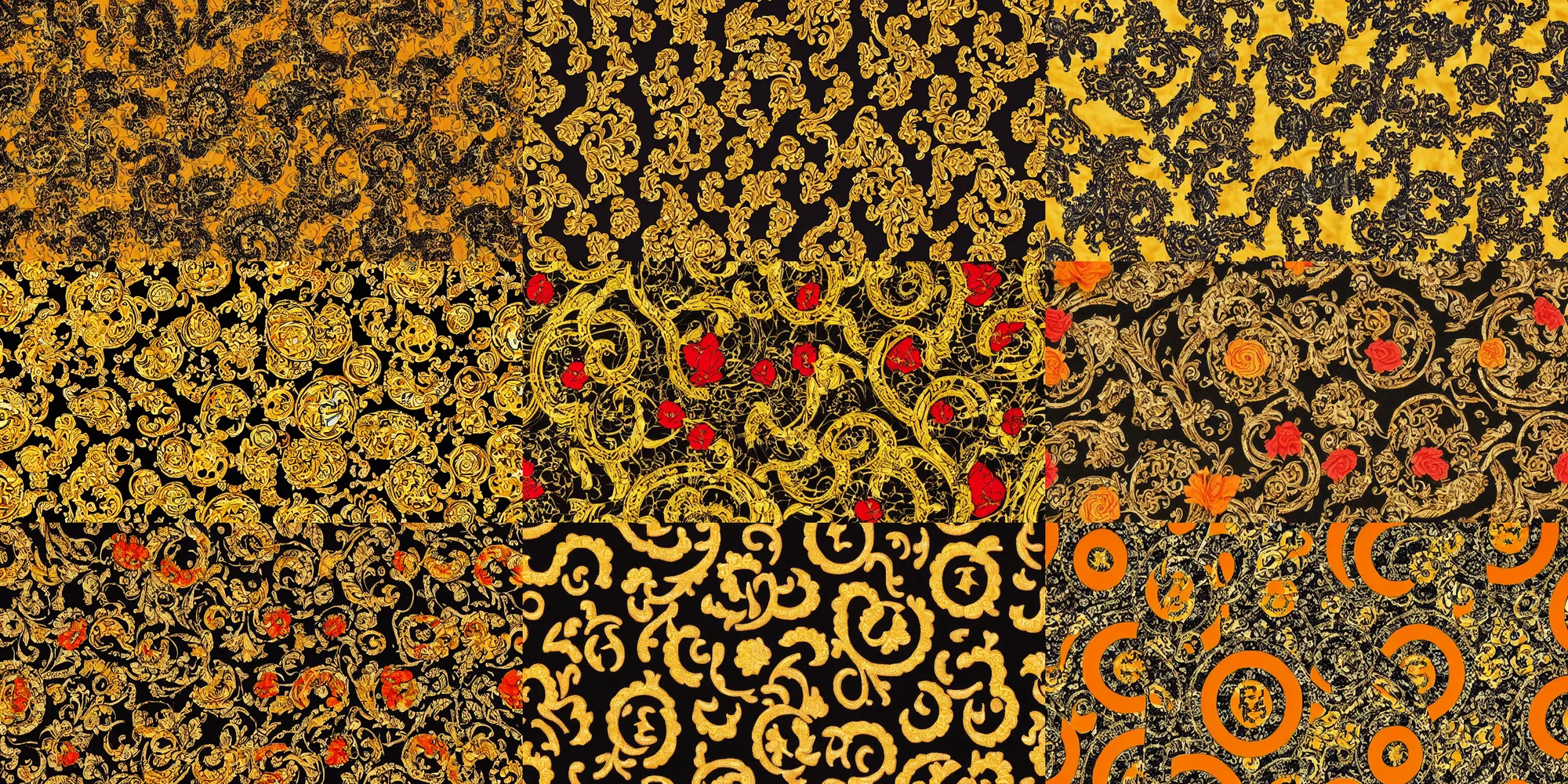 Prompt: versace gucci textile print design detailed concept gold black orange